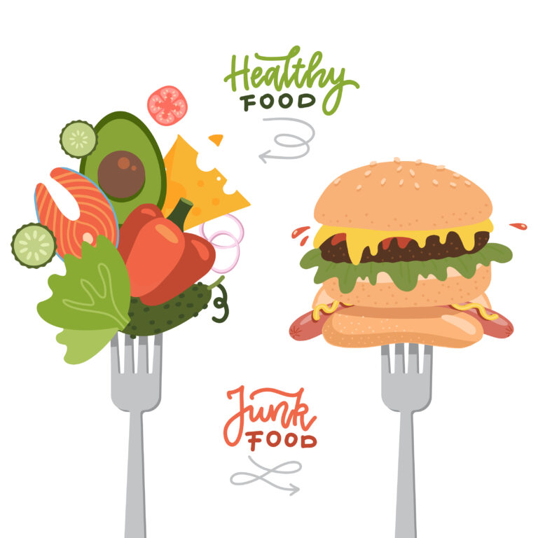 Choosing between healthy food and fast junk food food on forks concept banner flyer design element of you are what you eat concept lettering text flat illustration vector