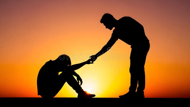 Helping hand silhouette sunset support hope powerful captures moment empathy against vibrant orange yellow one person
